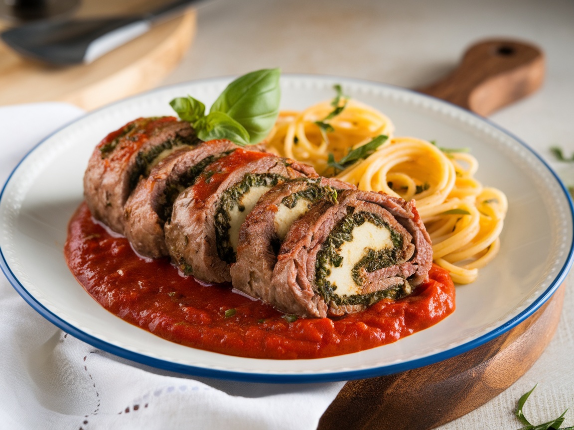 Authentic Beef Braciole al Sugo Recipe Beef Braciole al Sugo served with spaghetti, garnished with basil in a warm dining setting.